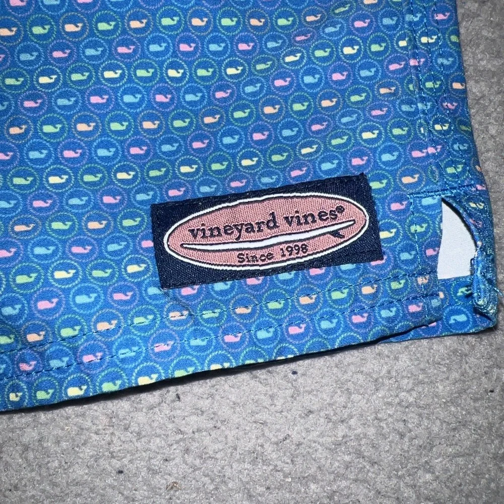 Vineyard Vines Swimwear Shorts Youth Sz 7 Blue AOP Micro Whale Logo Swim Trunks
